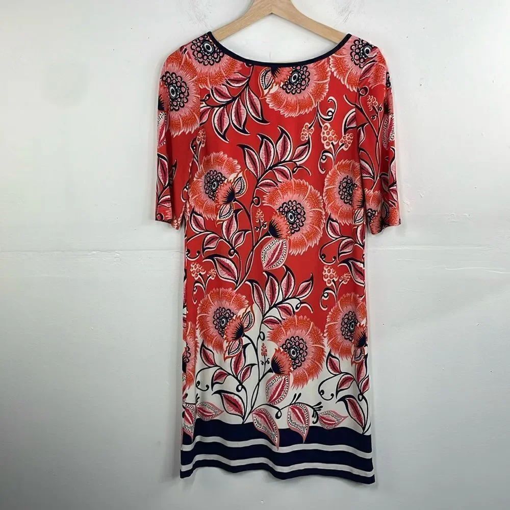 Eliza J. Dress Orange Floral Navy Striped 3/4 Sleeve Sheath Lined Midi size 6